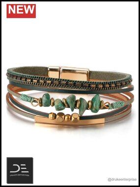 Layered Faux Leather Wrap Cuff Bracelet with Beads, Easy On/Off, Boho Western